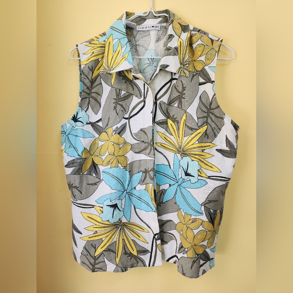 Carlies Court 100% Linen Tank Blouse Tropical Print Summer Top Size Large